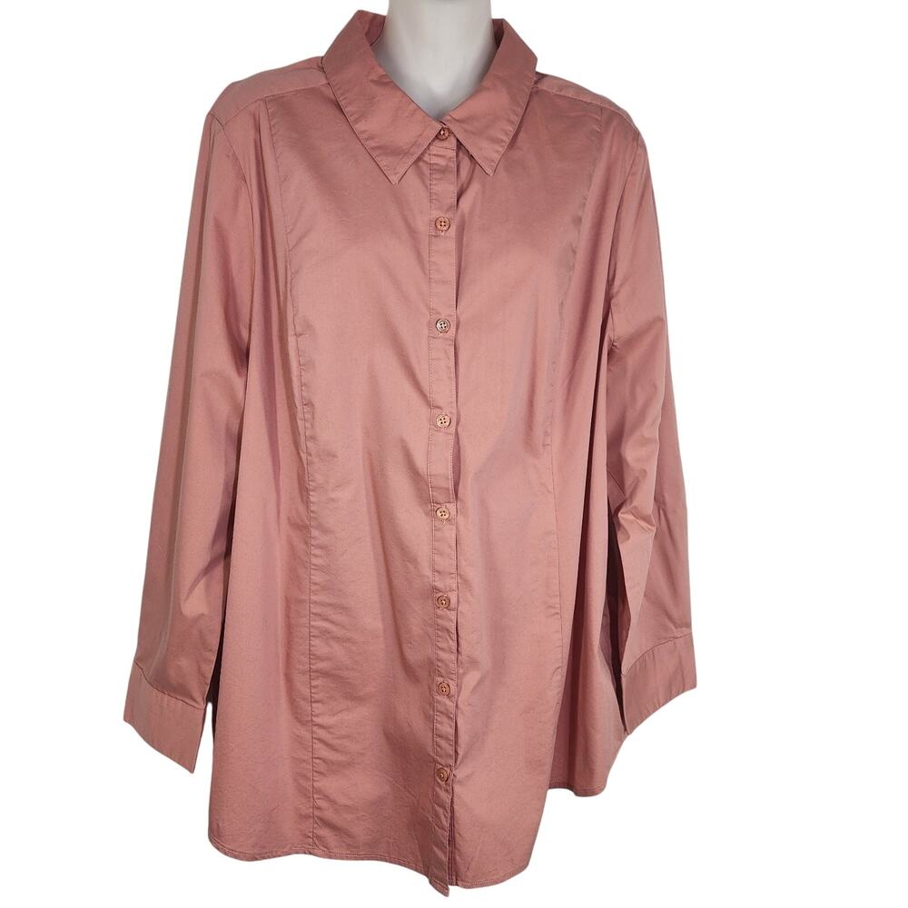 Denim & Co Womens Solid Button Front Shirt Size XL Rose Pink Long Sleeve A280664